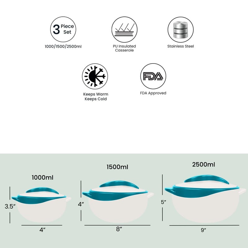 Pinnacle 3 Piece Thermo Dish Hot or Cold Casserole Serving Bowls with Lids Turquoise - Image 3
